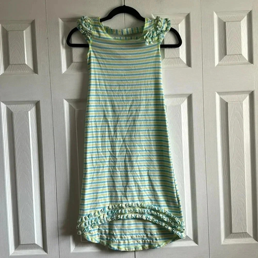 Kate Mack | Blue/ Green Striped | High-low | Ruffle Cap Sleeve Dress | size 7
